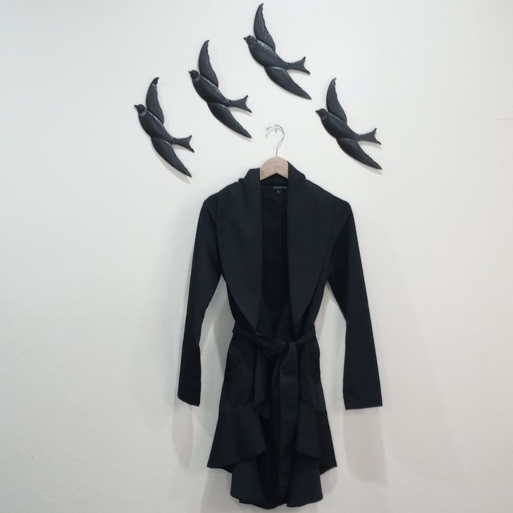 Peppe Peluso Black Trench Coat Belted Ruffled Hem - M - Lightweight Washable!